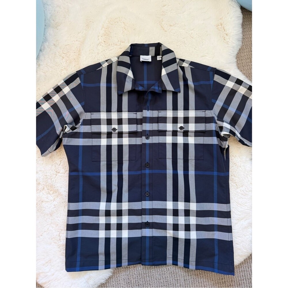 Burberry Short-Sleeve Plaid Button-Up Sport Shirt S - Navy
